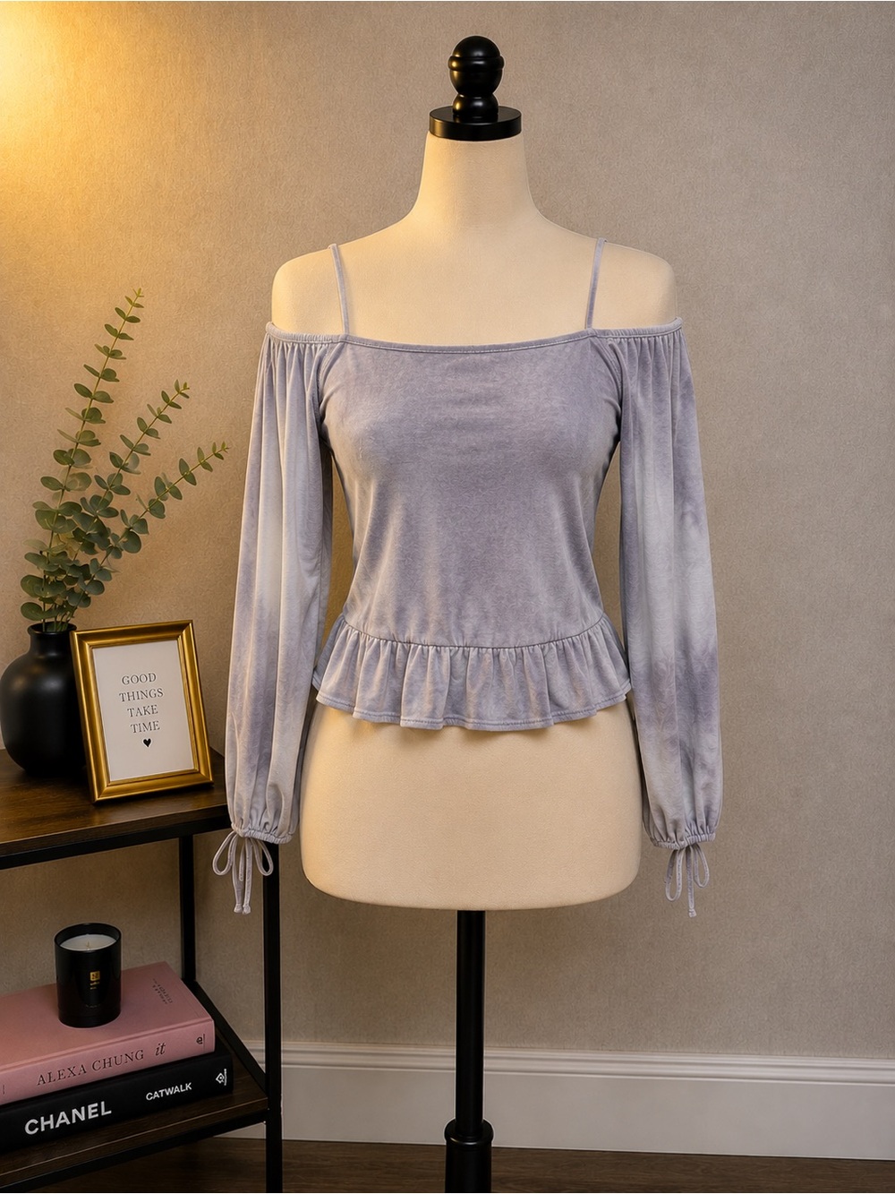 American Eagle Outfitters Light Gray Velvet Tie-Shoulder Ruffle Top